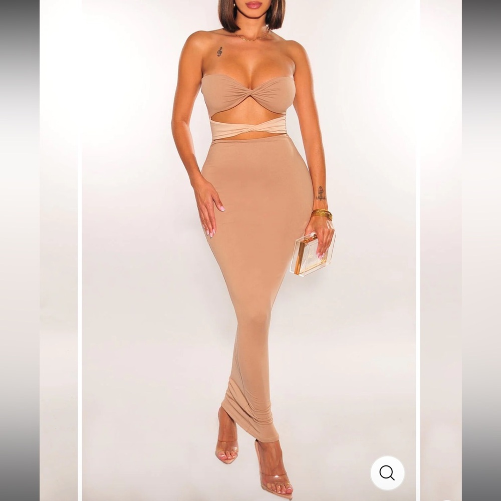 MOCHA TWO TONED CUT OUT STRAPLESS DRESS